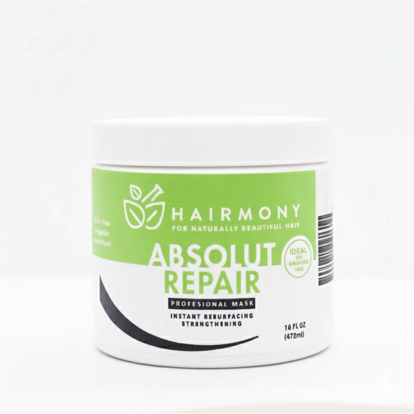 Hairmony Absolut Repair hair mask jar on a white background