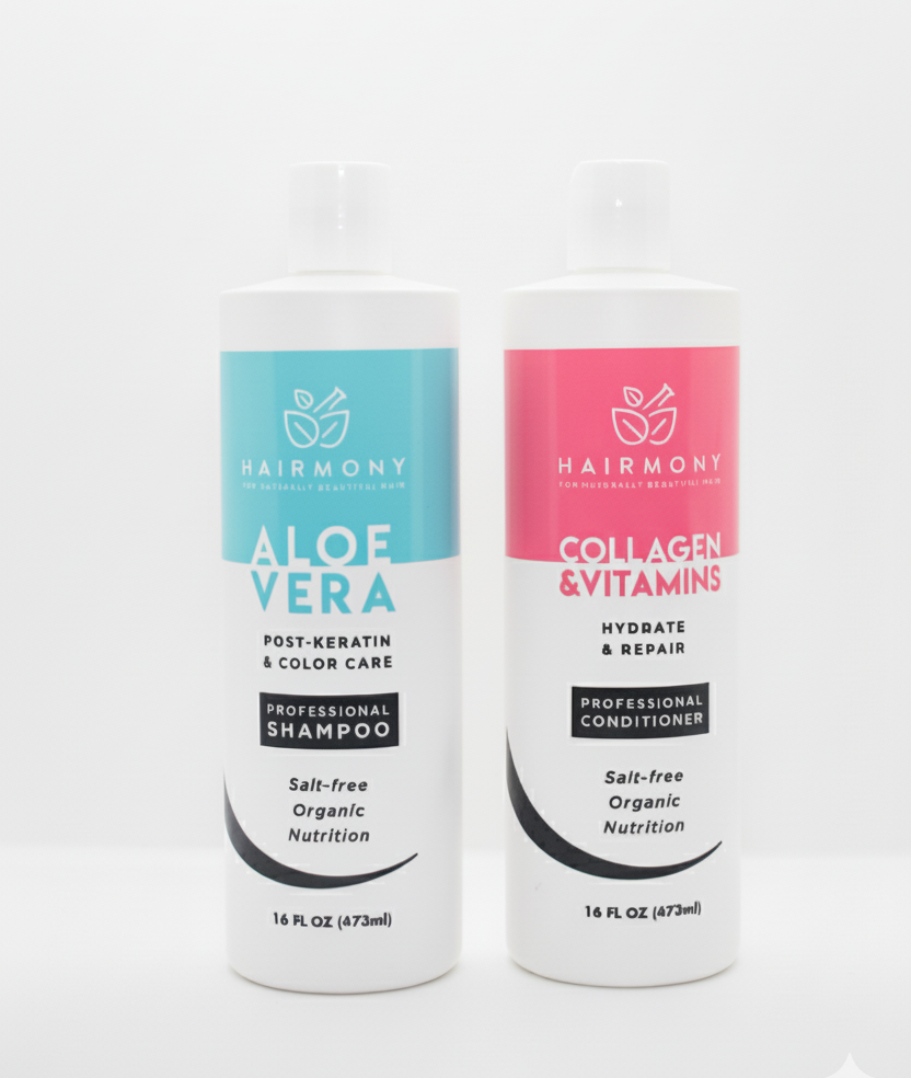 Two bottles of Harmony hair care products on a white background