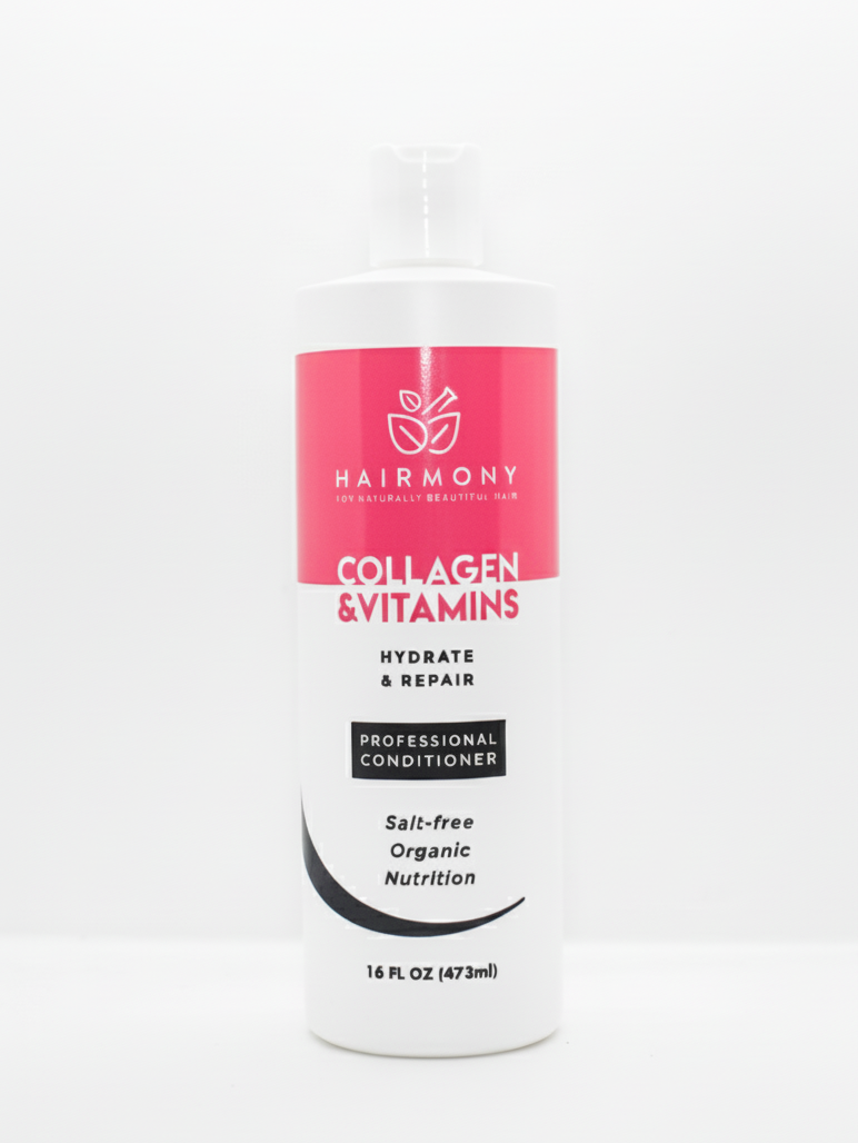Hairmony Collagen & Vitamins conditioner bottle on a white background
