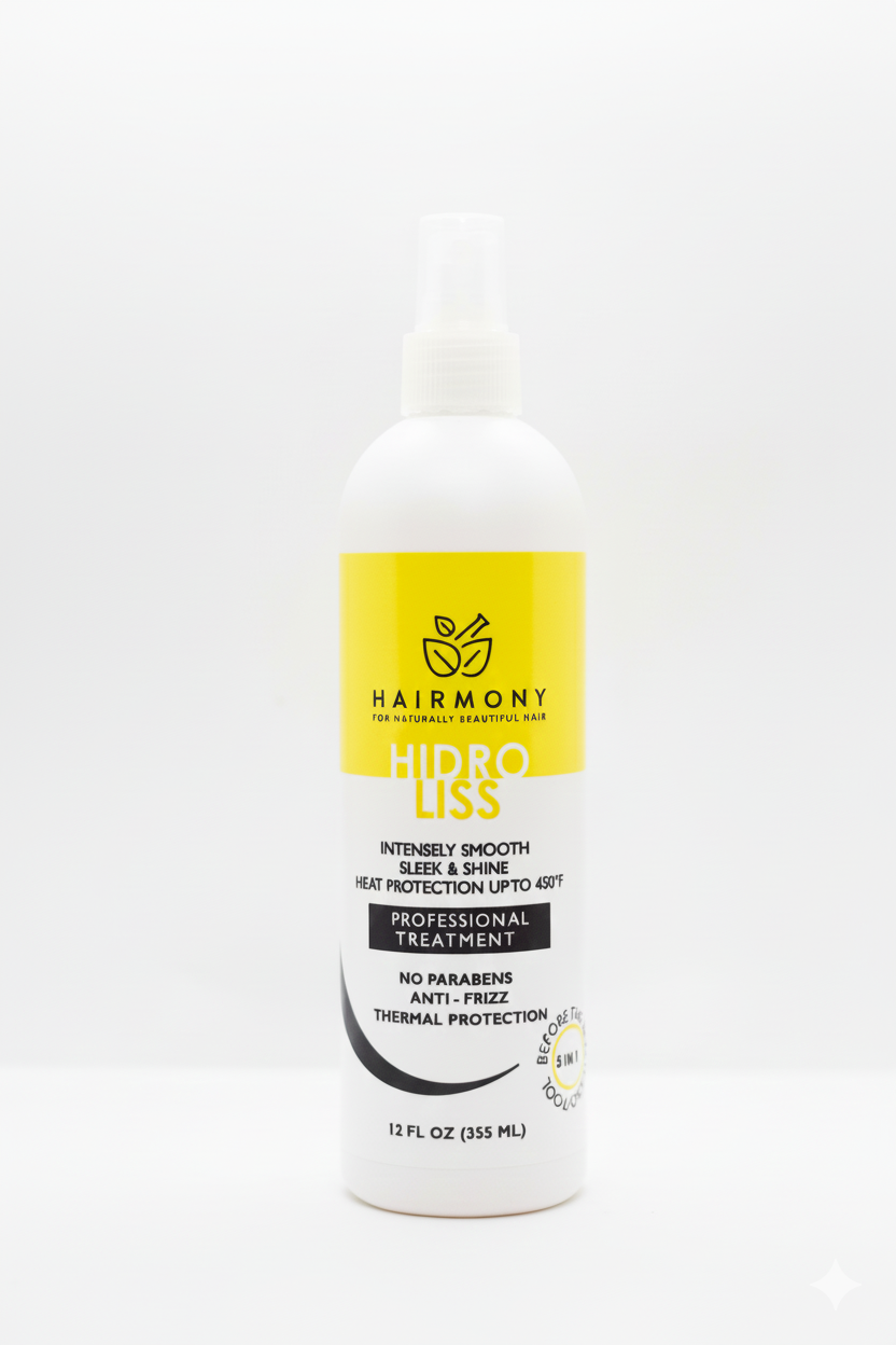 Hairmony Hydro Liss hair treatment bottle on a white background